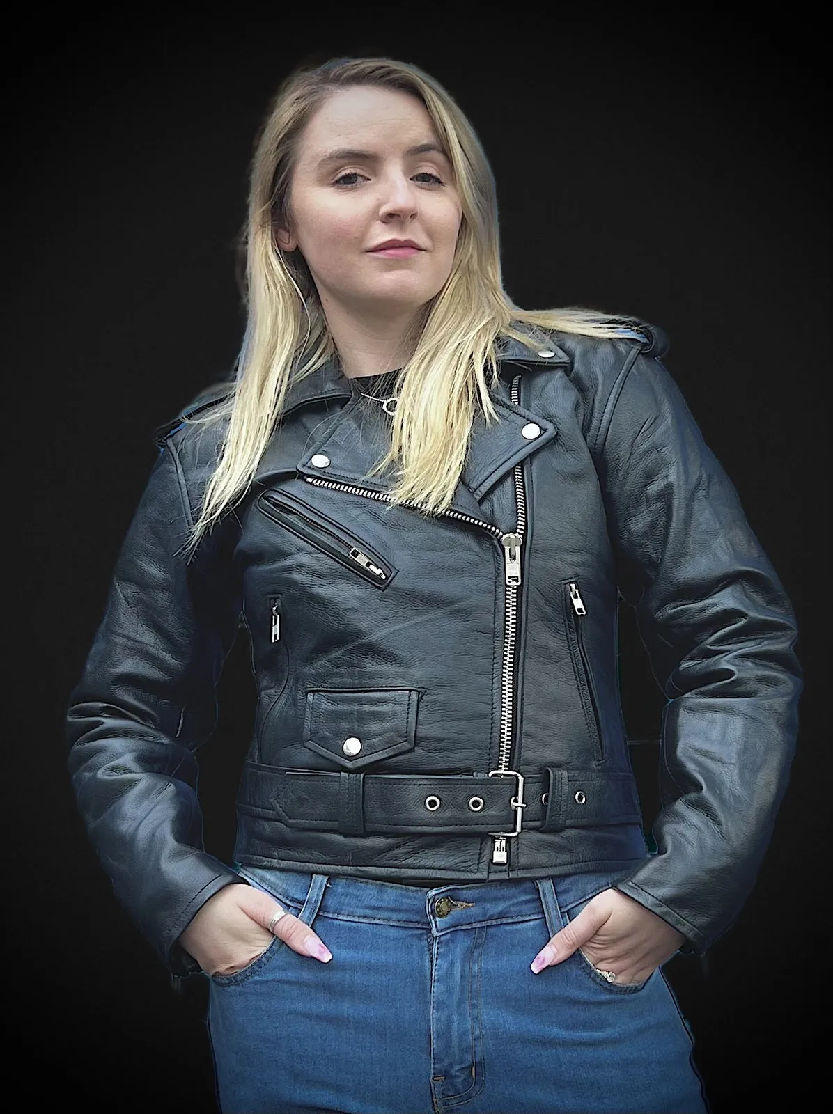 BGA Women Brando Belted Biker Leather Jacket Black