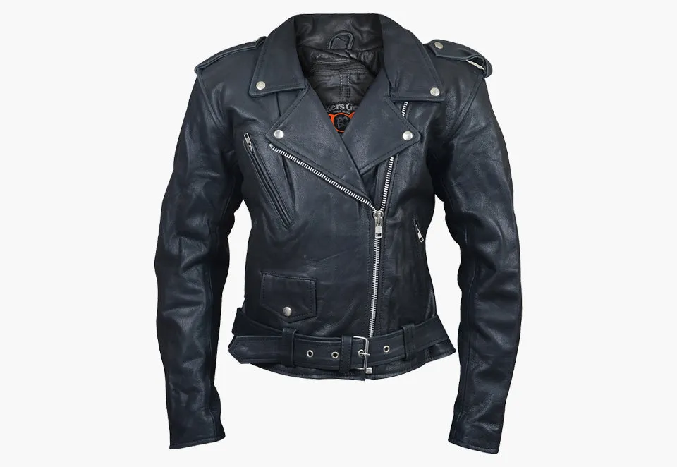 BGA Women Brando Belted Biker Leather Jacket Black