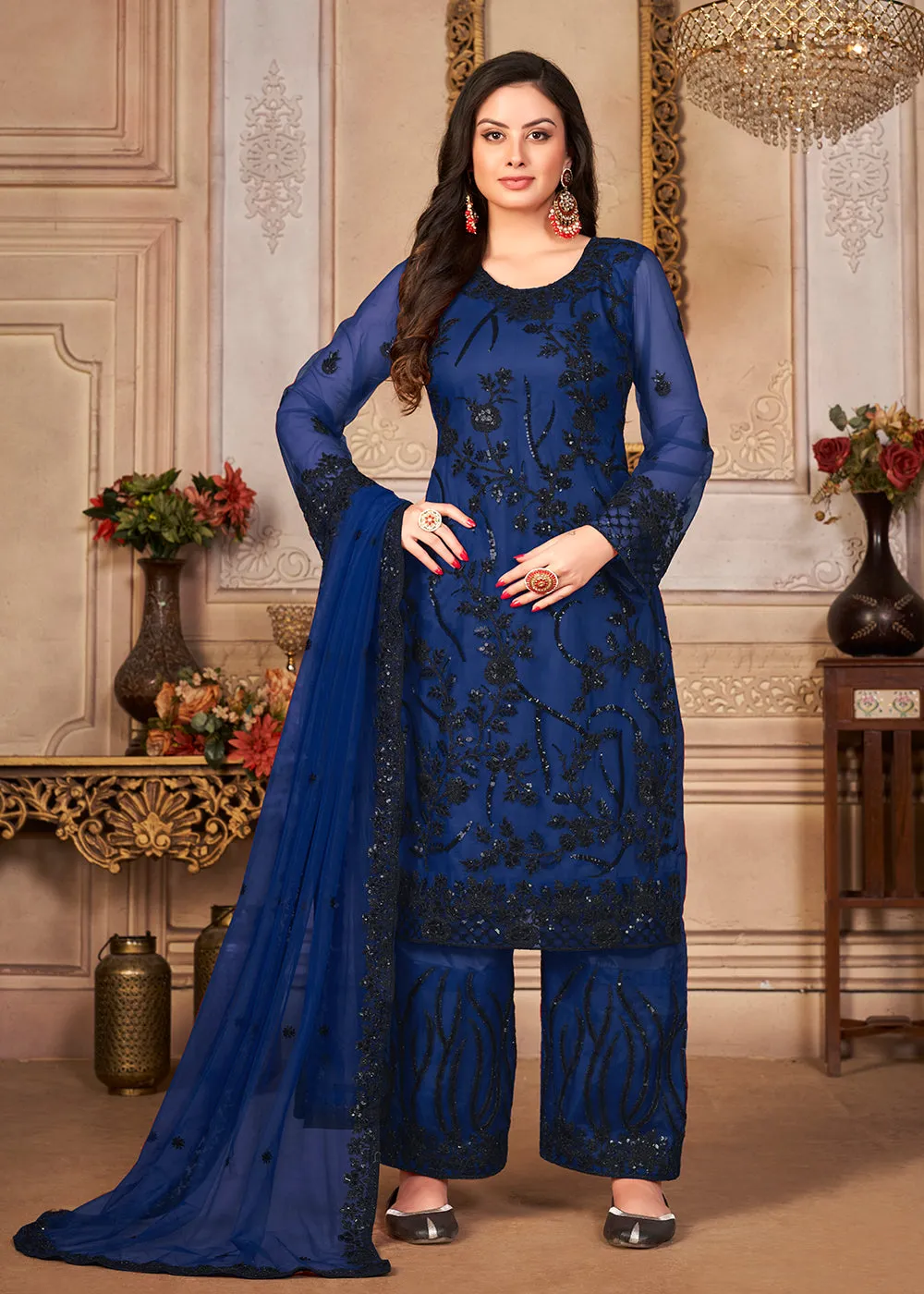 Blue & Black Cording & Sequins Embroidered Pant Style Suit