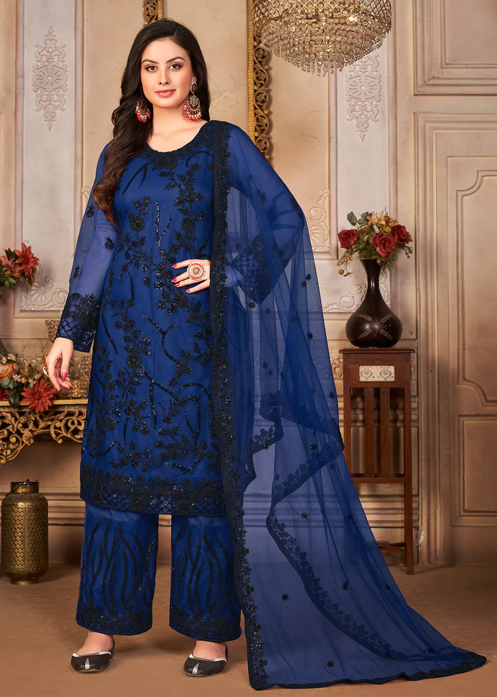 Blue & Black Cording & Sequins Embroidered Pant Style Suit