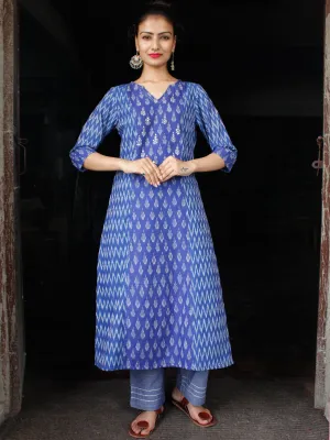 Blue Grey Silk Cotton Ikat Kurta & Pants (Set of 2)- SS01F1413