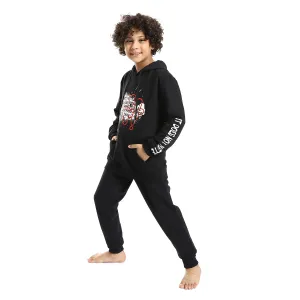 Boys' Black Printed Hoodie and Black Pants Set - Stylish and Cozy Loungewear