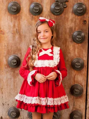 CLEARANCE SALE - Debesos AW23 - Girls Red & Cream Lace Design Dress