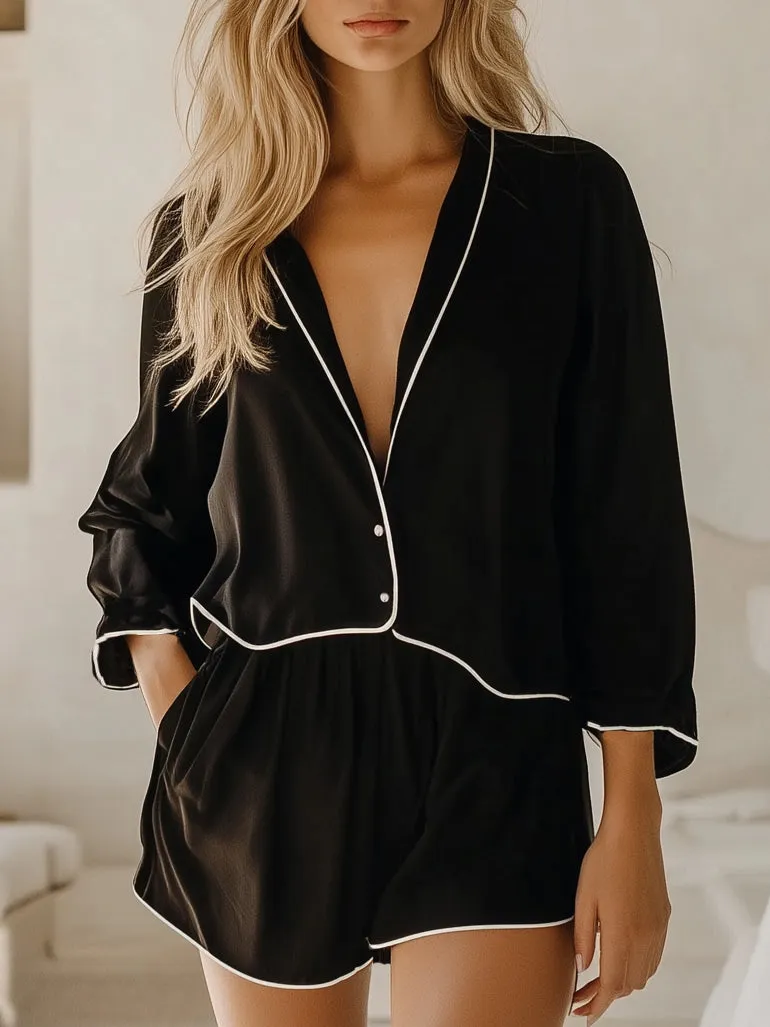 Comfortable Home Wear Long-Sleeved Shirt And Shorts Set