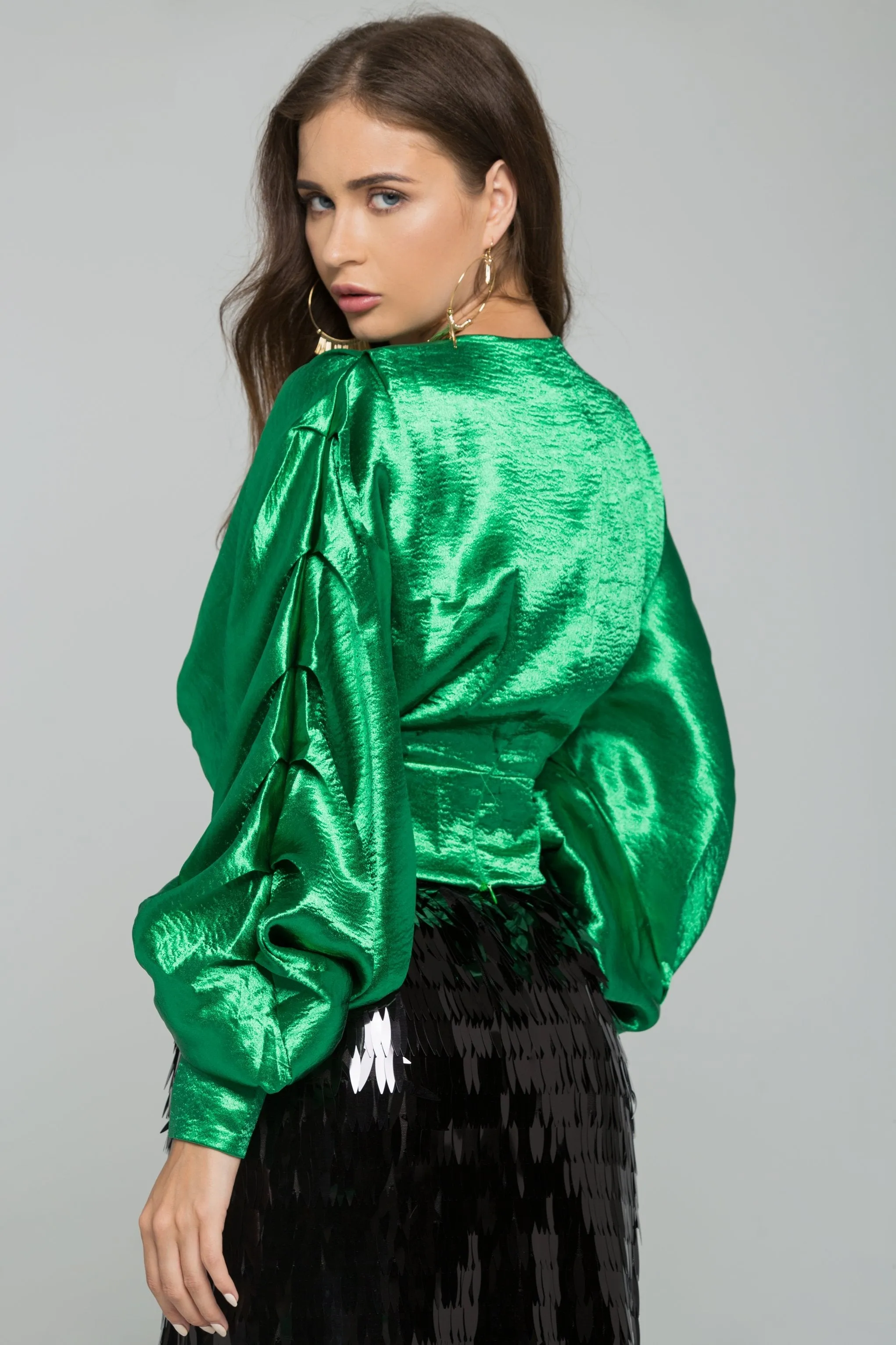 Green Satin Pleated Long Sleeves Top