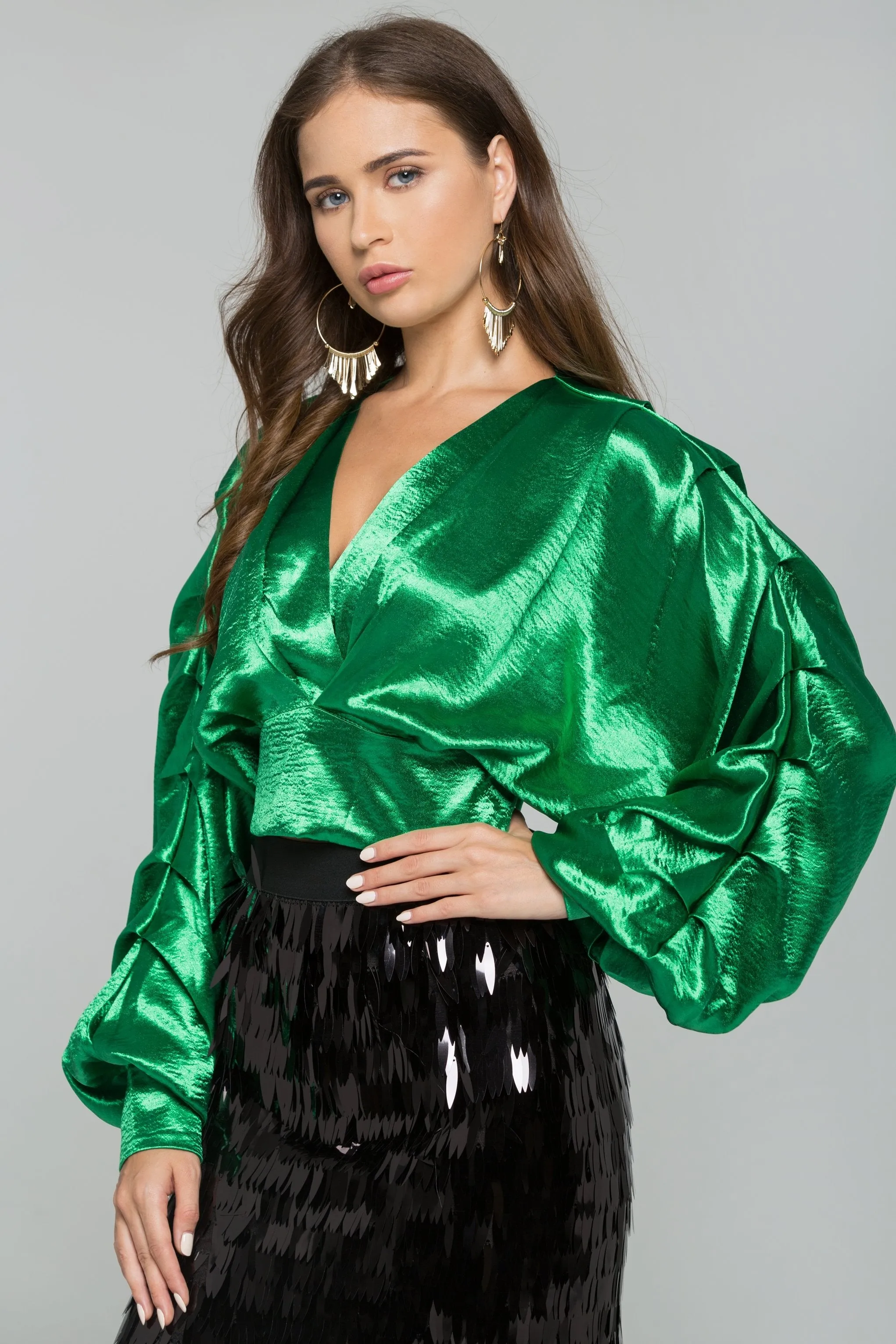 Green Satin Pleated Long Sleeves Top