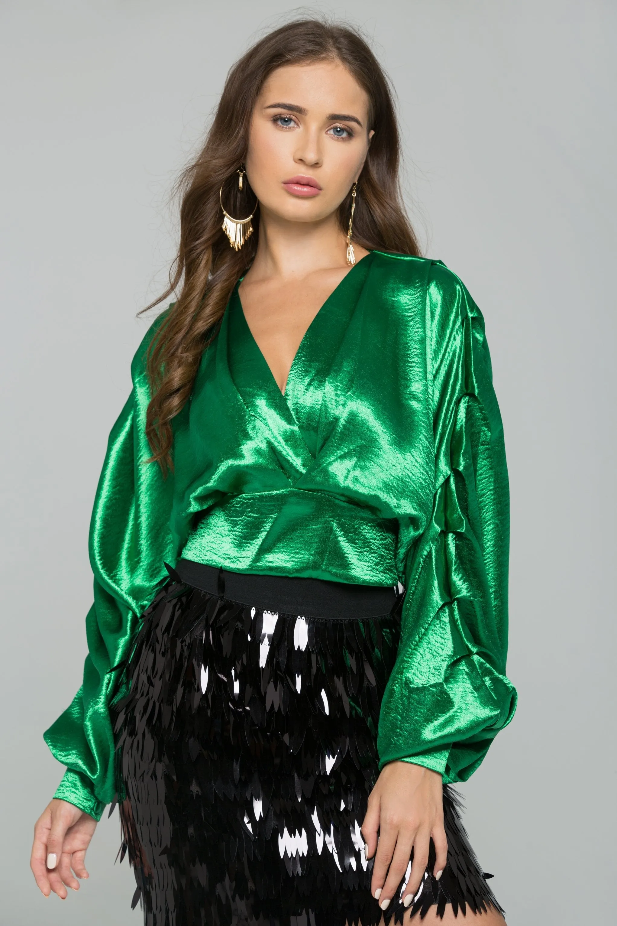 Green Satin Pleated Long Sleeves Top