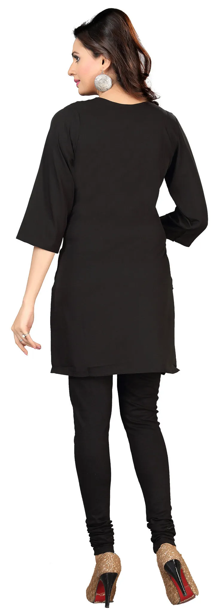 India Kurti Womens Long Blouse Embroidered Indian Apparel (Black)