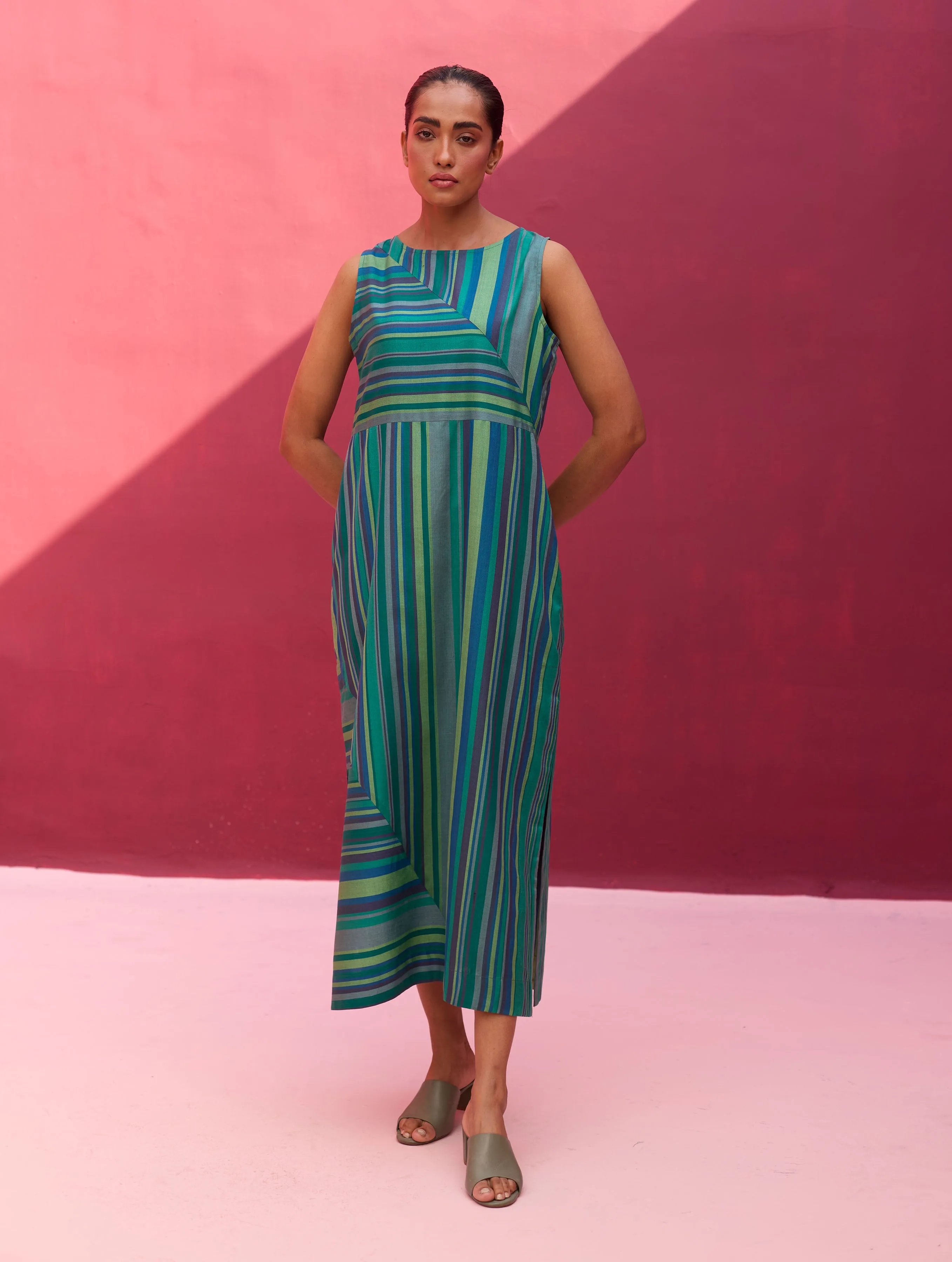 Irsa Sleeveless Silk Stripe Dress - Peacock