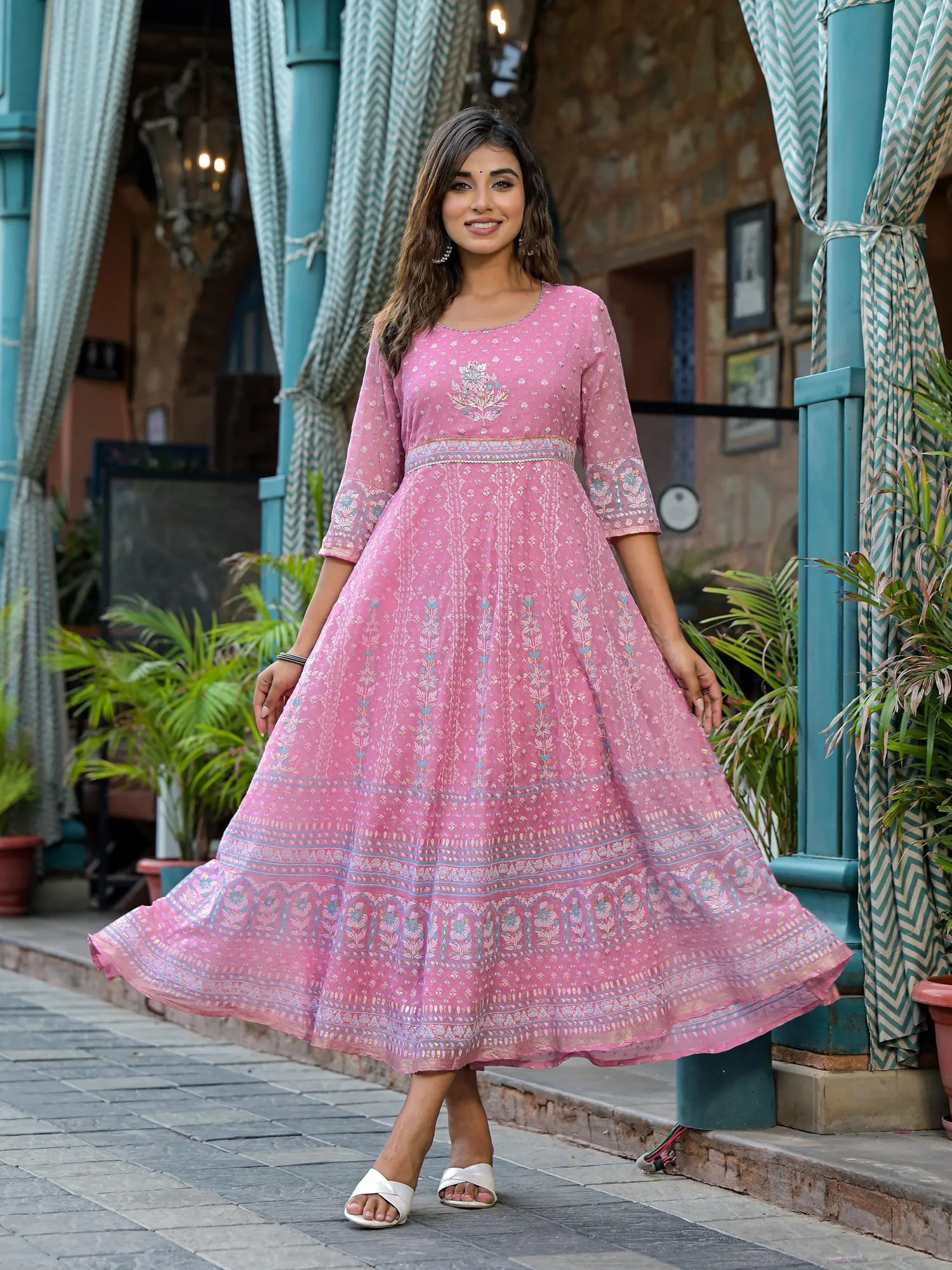 Juniper Pink Ethnic Motif Printed Chiffon Dress With Sequins & Lace Work