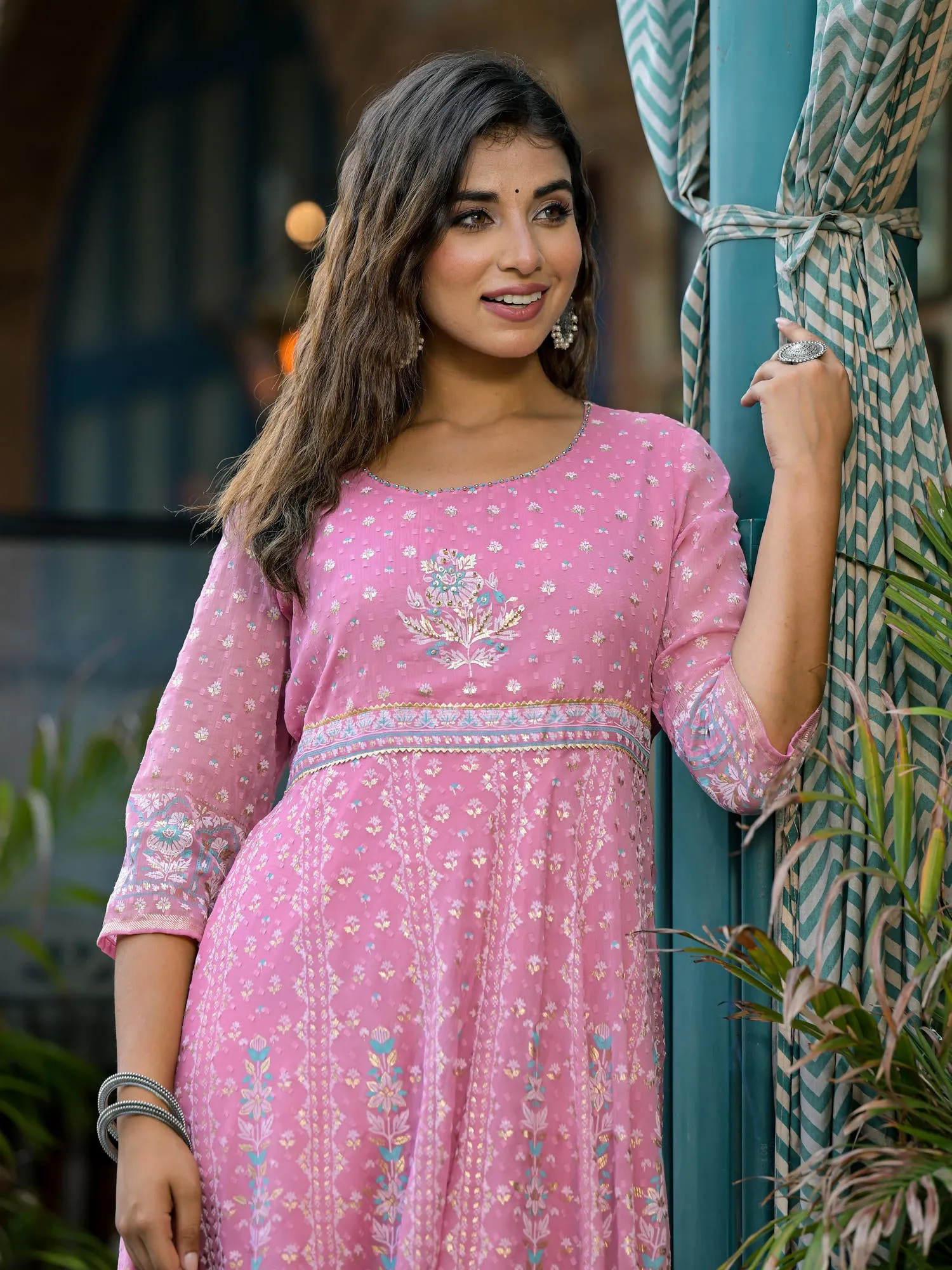 Juniper Pink Ethnic Motif Printed Chiffon Dress With Sequins & Lace Work