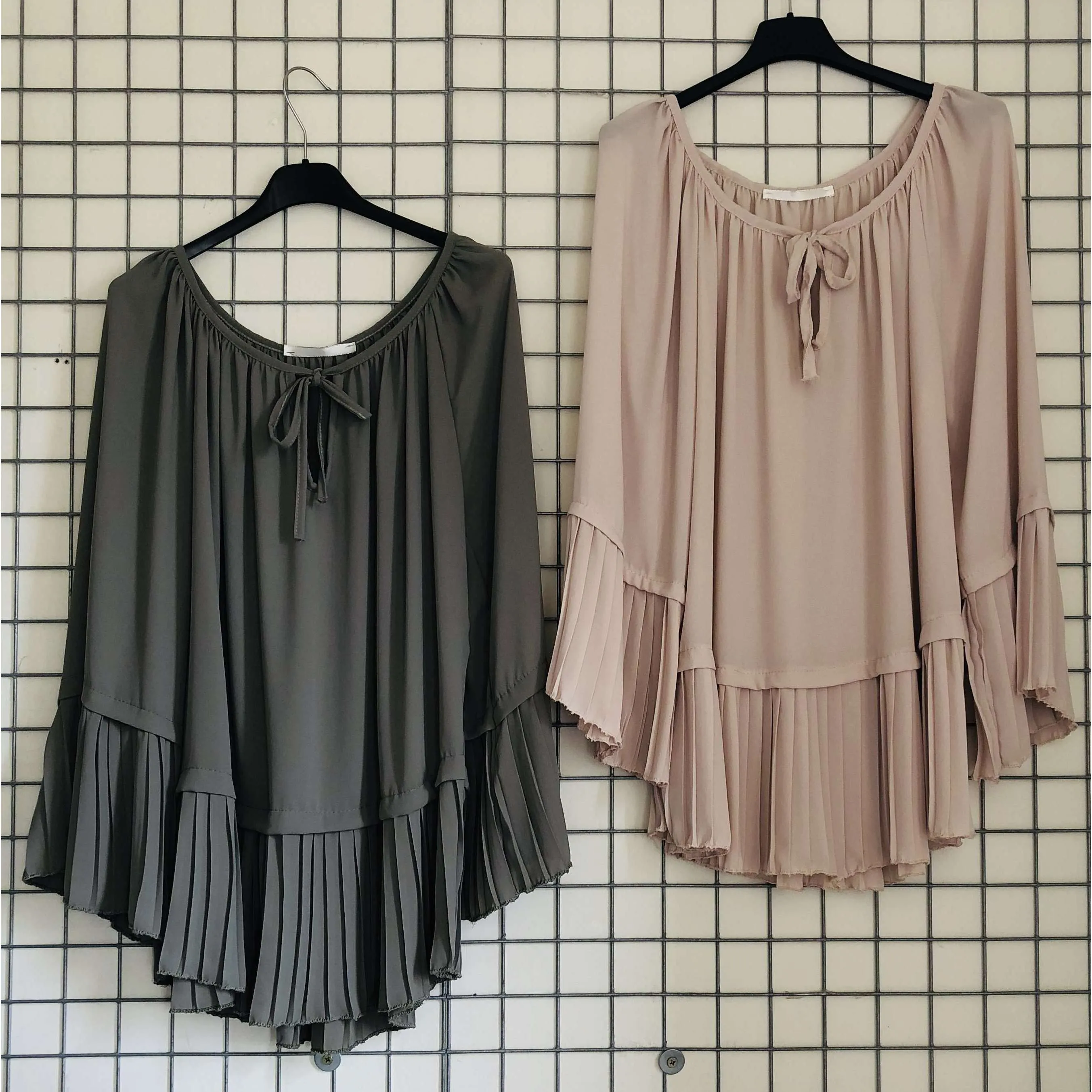 Khaki Pleated Edge Tie Front Blouse