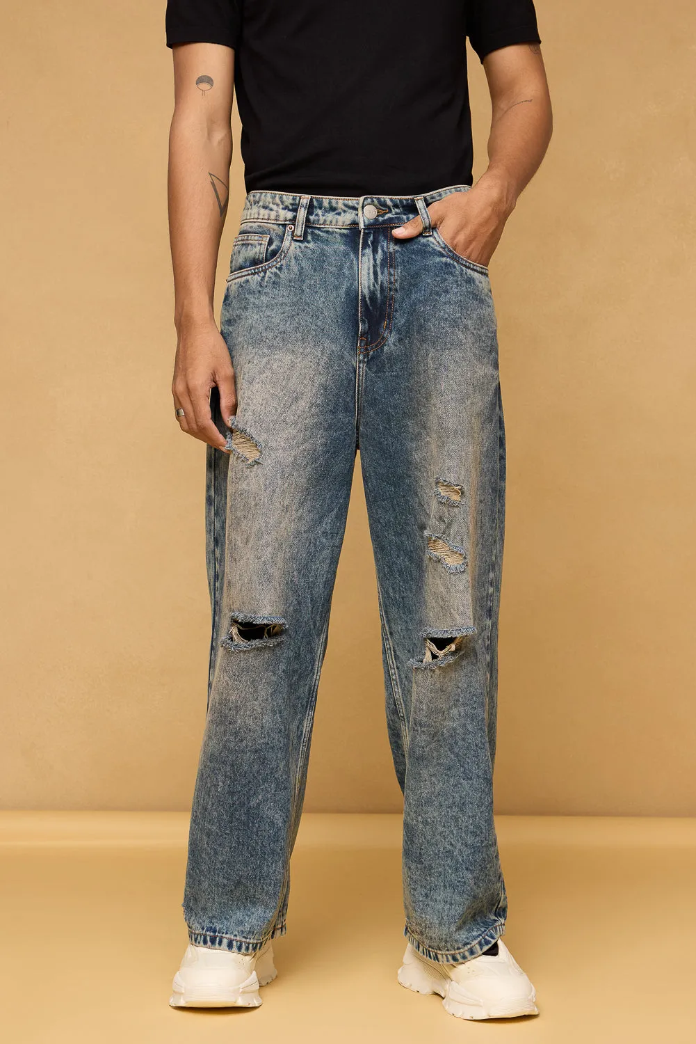 Mid Blue Acid Wash Ripped Men's Wide Leg Jeans