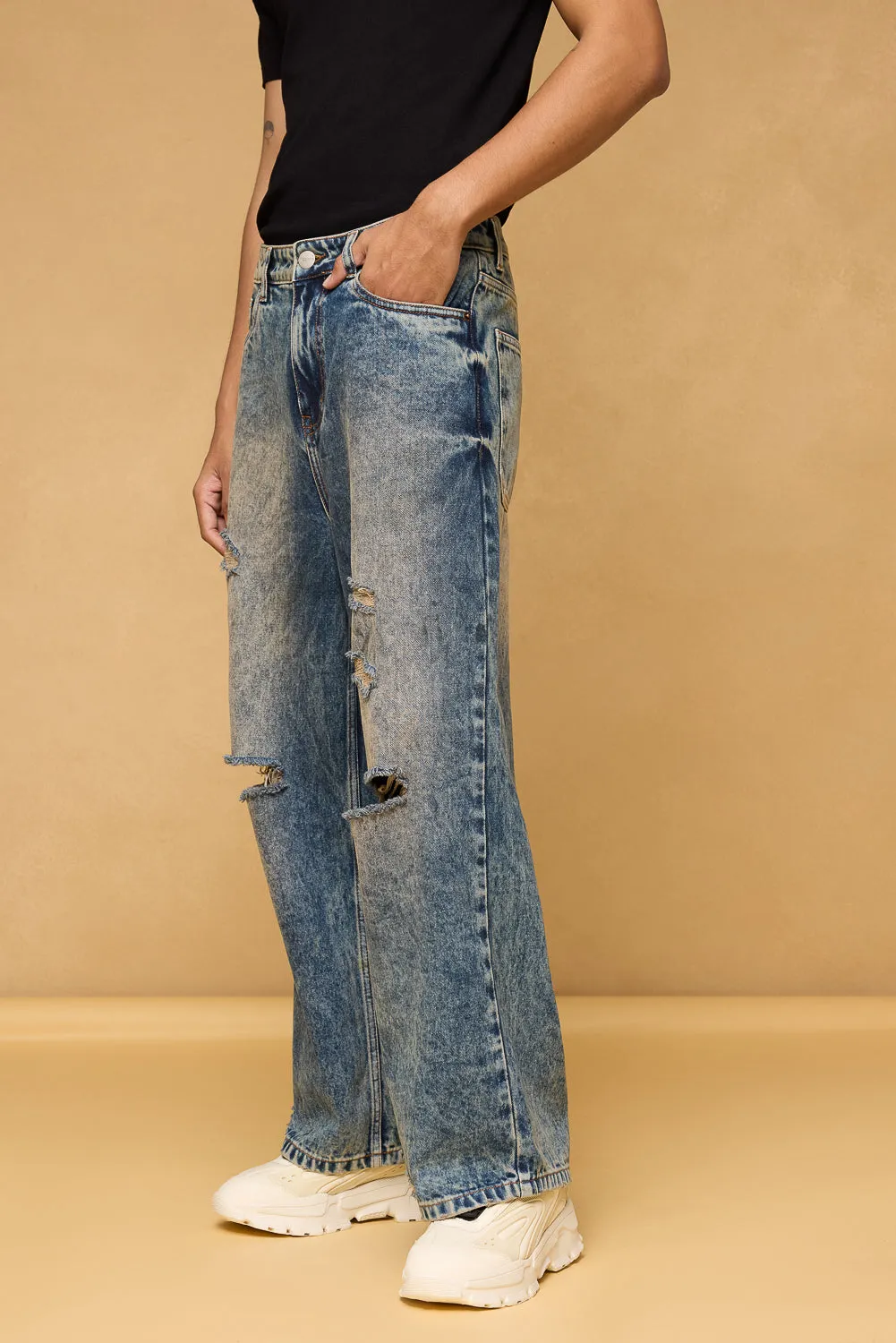 Mid Blue Acid Wash Ripped Men's Wide Leg Jeans