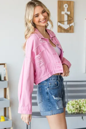 Pink Fringe Distressed Button Up Denim Jacket Women's Premium Luxury Cotton Jackets