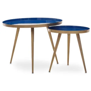 Round Blue Enamel Nest of Tables with Matt Gold Legs