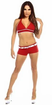 Sexy Sport Band Low Rise Belted Ring Girl Core Gym Shorts - Red/White