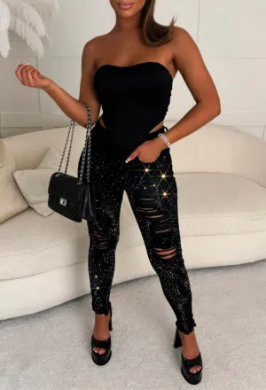 Sparkle Days Black Sparkle Ripped Stretch Jeans