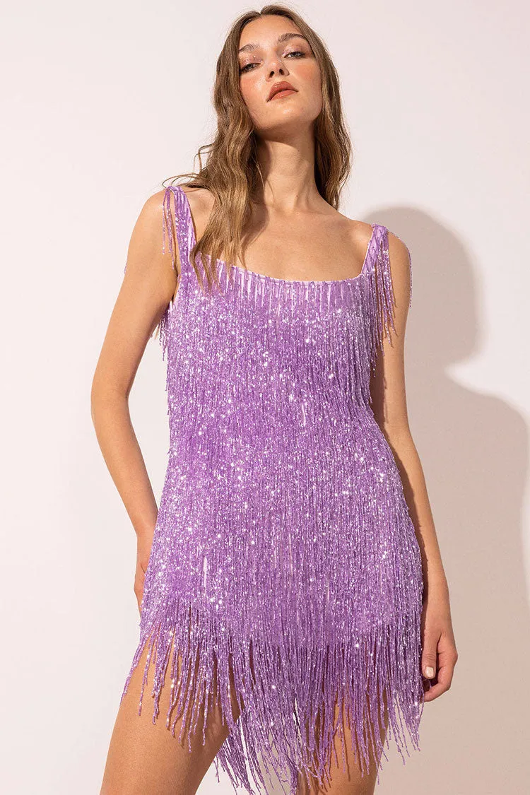 Sparkly Scoop Neck Sleeveless Gatsby Fringe Flapper Party Mini Dress - Violet