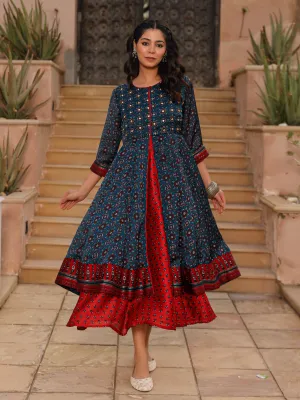 The Patang Blue Ethnic Motif Printed Cotton Dress With Mirror Work