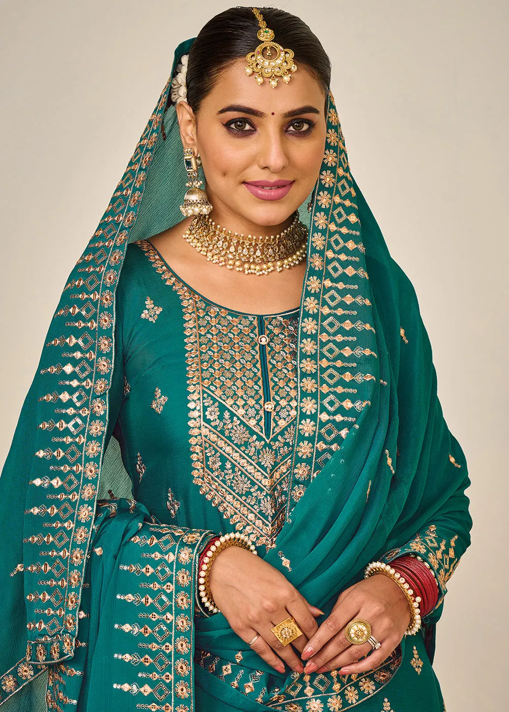 Wedding Festival Teal Embroidered Palazzo Salwar Suit