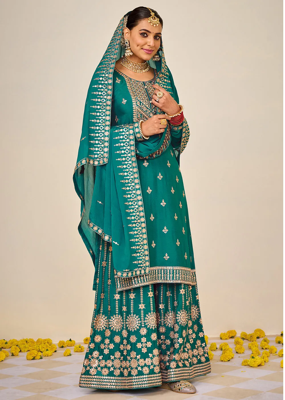 Wedding Festival Teal Embroidered Palazzo Salwar Suit