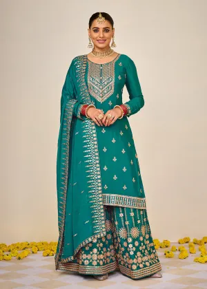 Wedding Festival Teal Embroidered Palazzo Salwar Suit